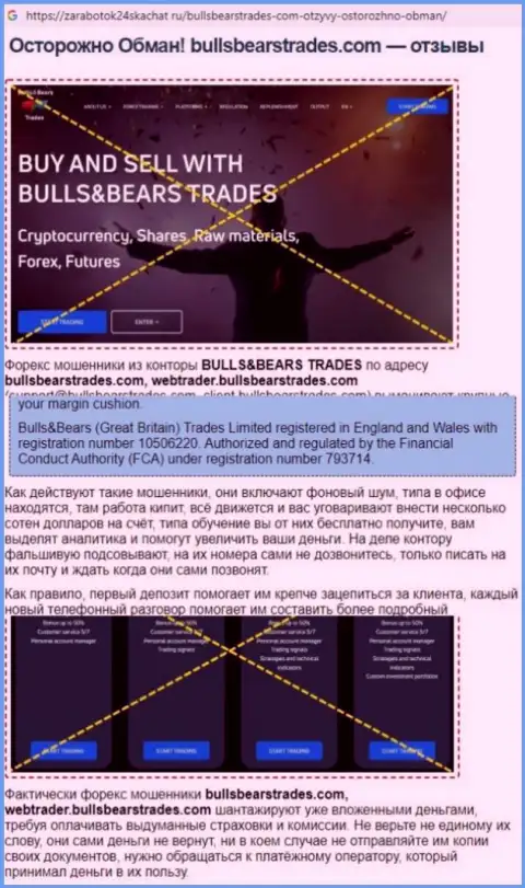 Обзор мошеннических деяний Bulls BearsTrades, который взят на одном из сайтов-отзовиков