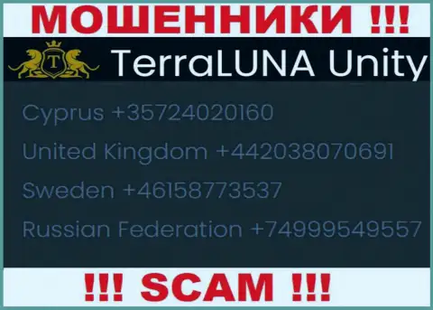 Вызов от internet мошенников TerraLunaUnity можно ждать с любого телефонного номера, их у них множество