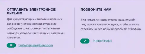 Номер телефона и адрес электронной почты дилинговой компании Kiexo Com