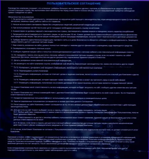 Пользовательское соглашение Zinnera, опубликованное на web-портале брокера