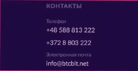 Телефон и адрес электронного ящика онлайн-обменника BTC Bit