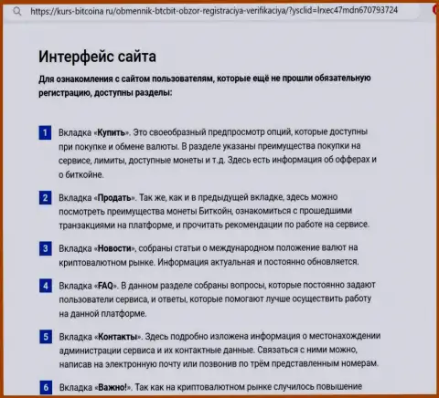 Обзор интерфейса веб-сайта онлайн обменки BTC Bit на ресурсе Kurs-Bitcoina Ru